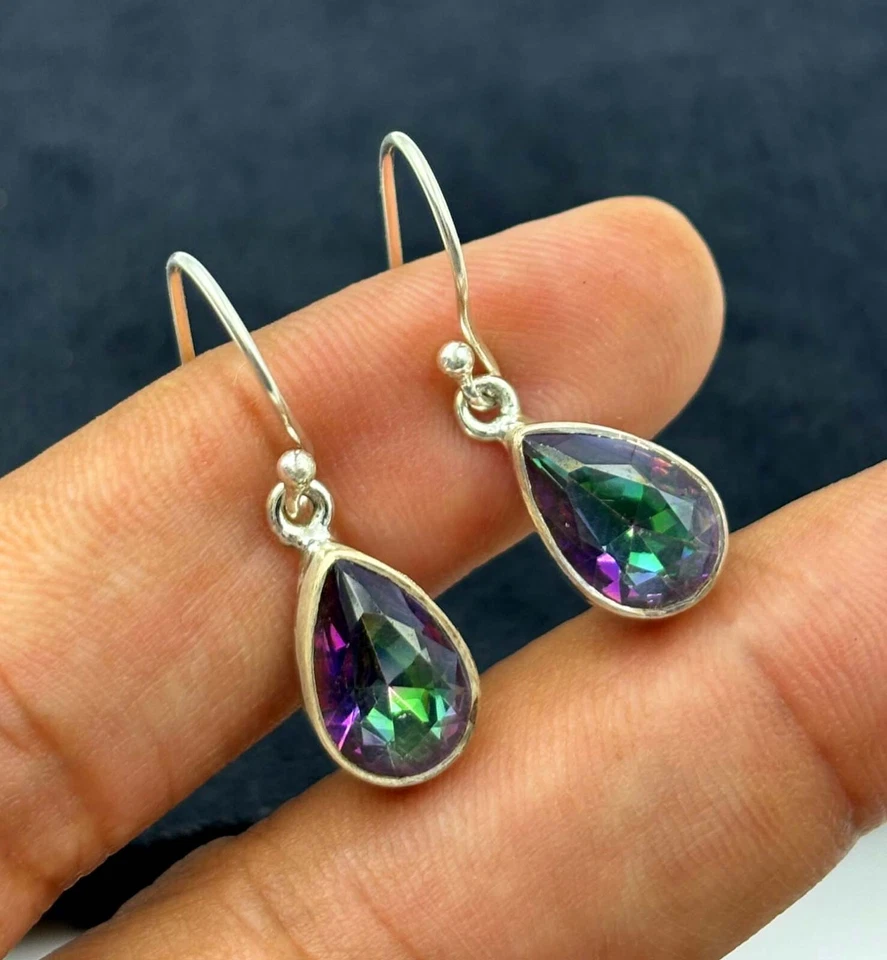 Juego de pendientes de anillo hechos a mano de topacio místico arco iris de plata esterlina 925 maciza Foto 3 de 4