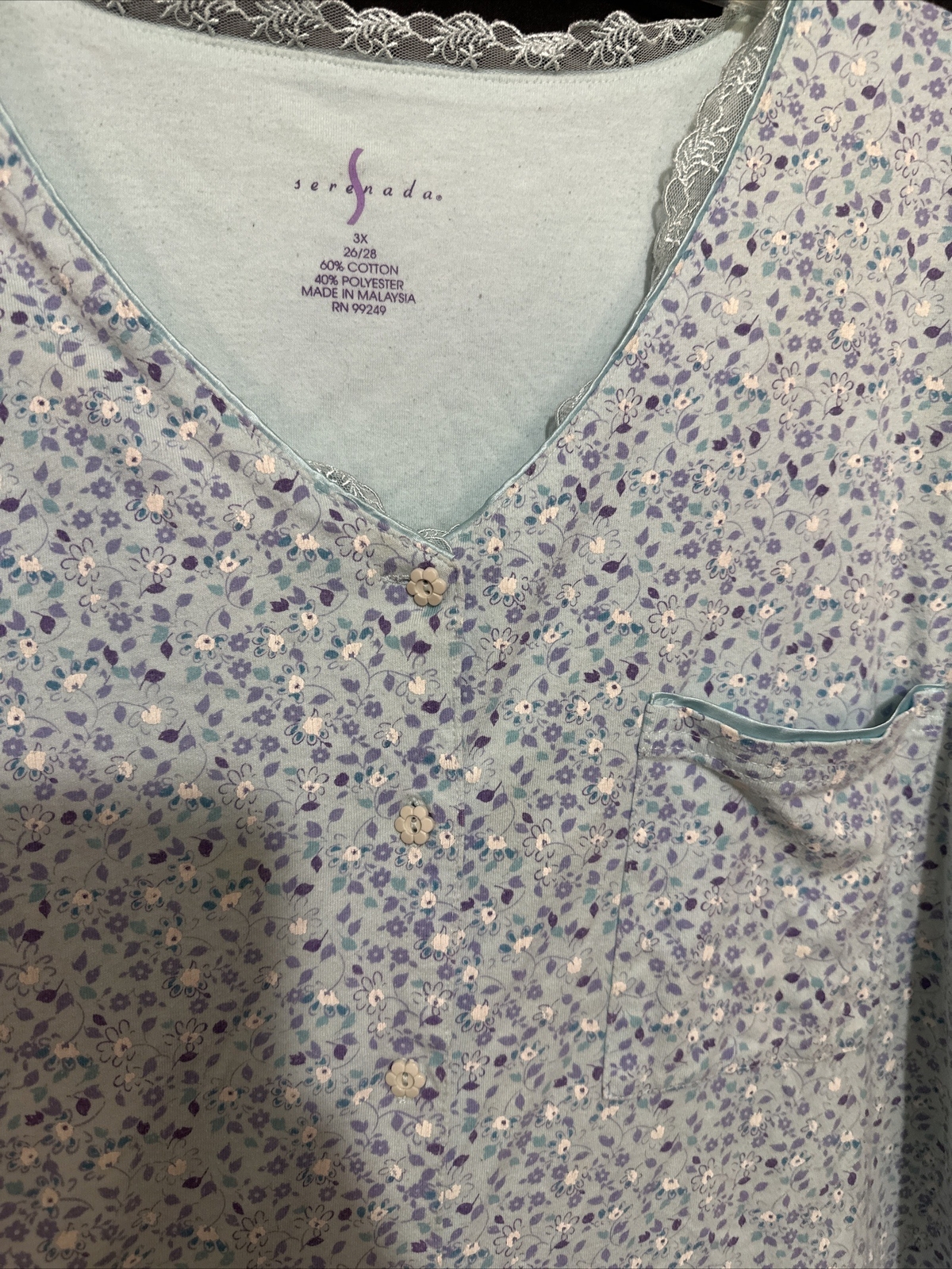 SERENADA SLEEPWEAR Women's 3X Blue Soft Flannel Floral Trim 2Piece LS