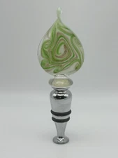 Blown Glass Bottle Stopper Green & Gold On White Chrome Dual Gasket Insert