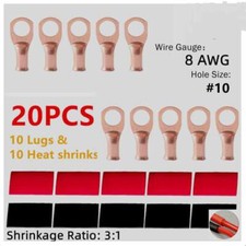10 8AWG Gauge Copper Ring Terminals 10 RED/BLACK Heat Shrink Tubing LUGS