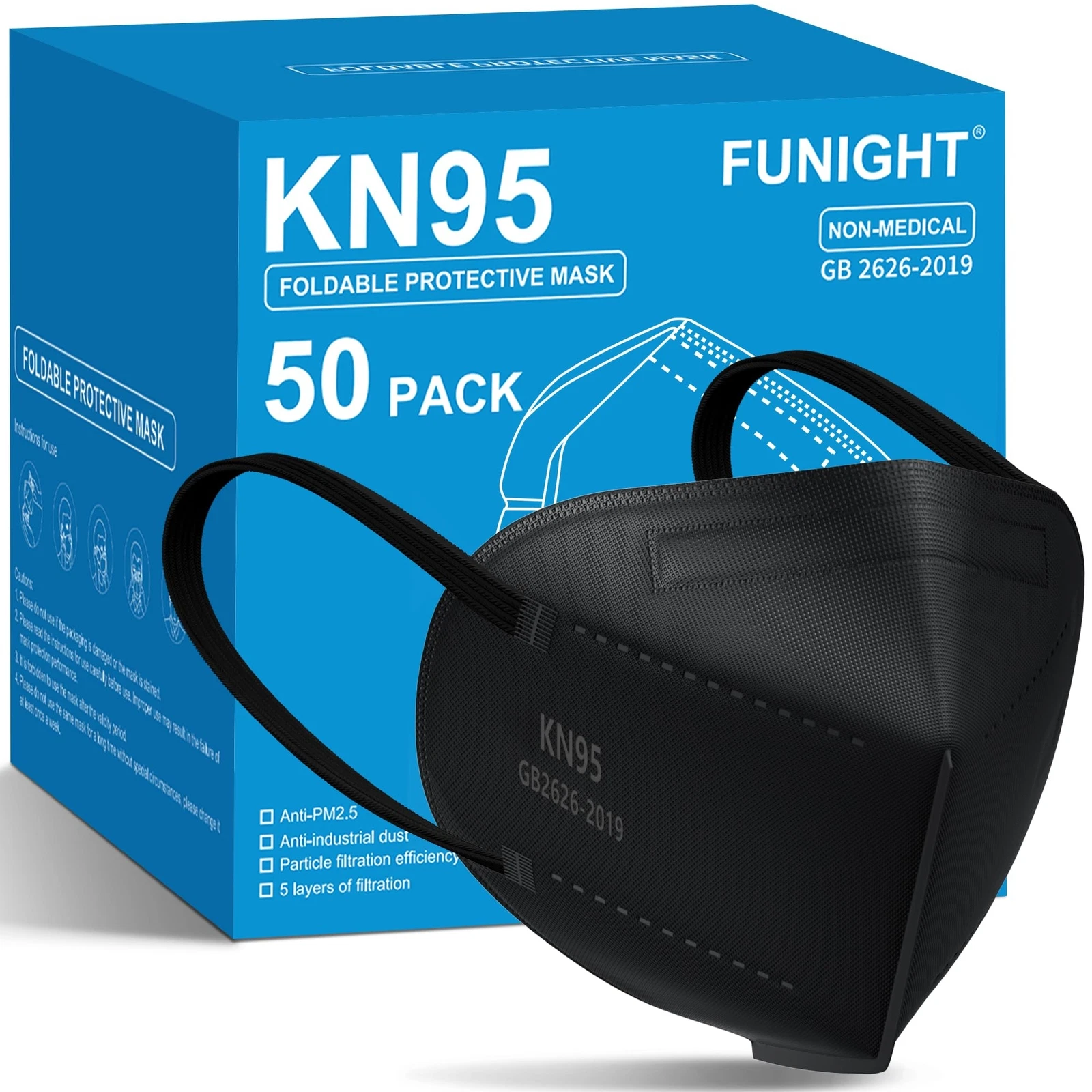 Funight Kn95 Face Masks Black 50 Pack 5 Ply Breathable Disposable Protection