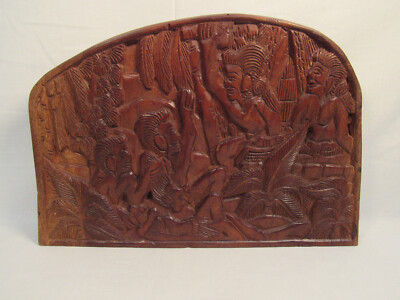 Vintage Hand Carved Wood Tribal Tiki Island Headhunter Plaque