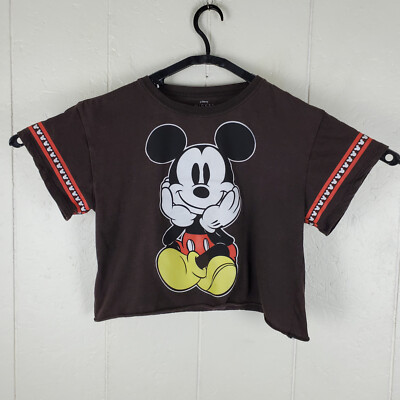 Mickey Mouse Shirt Womens Large Brown Graphic Crew Neck Short Sleeve  Cropped