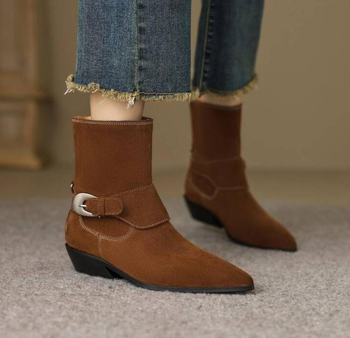 Women Pointed Toe Wedge Heel Ankle Boot Pull On Chelsea Cowboy Boots Office Shoe - Picture 6 of 8