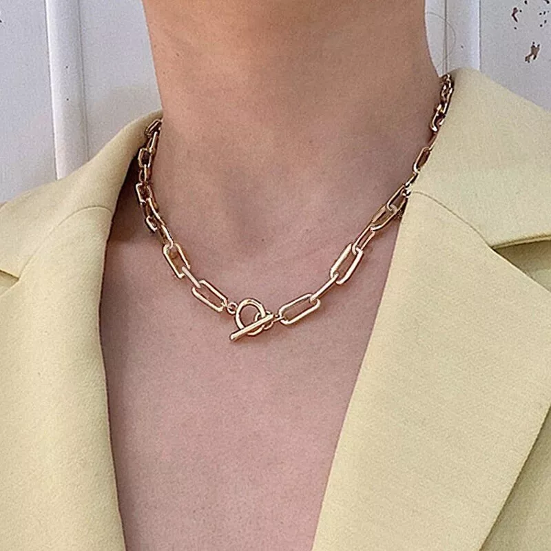 Women Gold Plated Paper Clip Thick Link Chain Toggle Chunky Necklace Choker N187