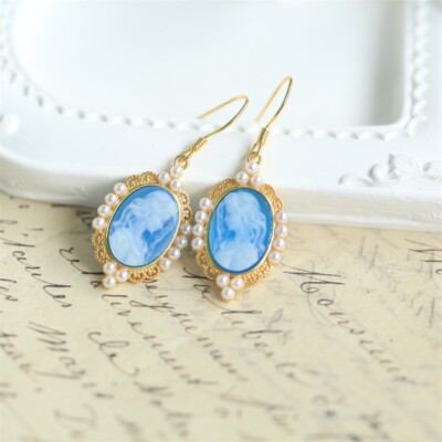 D18 Earrings Elegant Lady Princess Mother of Pearl Blue Agate Pearl Silver 925