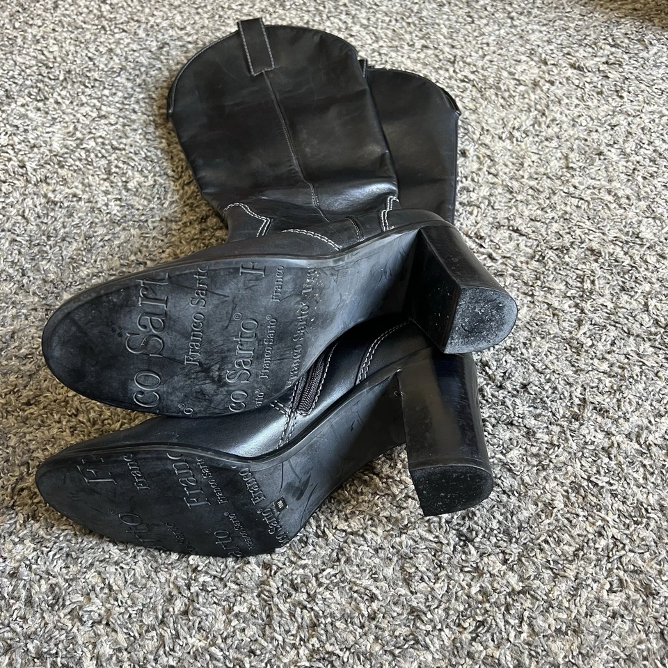 Bota Franco Sarto Mujer Talla 10 Alta Cuero Negro Western Tacón Bloque Montar De Colección Foto 4 de 4