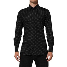 DOLCE & GABBANA Shirt Black Polka Dot Cotton GOLD Men Formal Dress 40/US15.75/M