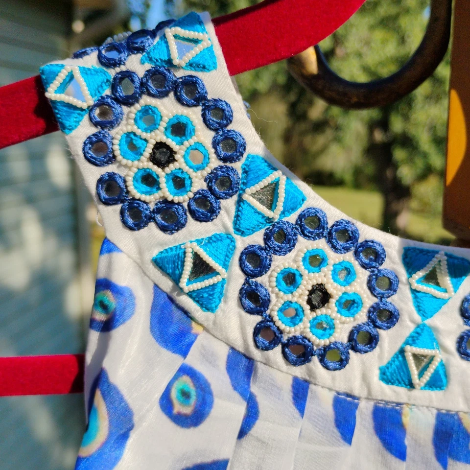 NAZILA COUTURE siz L Blue Evil Eye Maxi Dress Mirror Bead Embroidery Boho India - Image 3 of 4