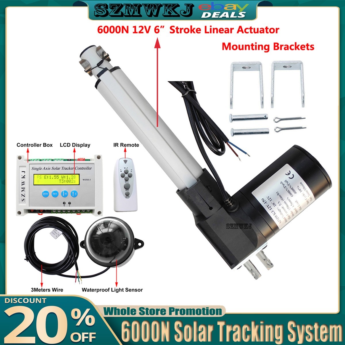 12V 6000N Single Axis Solar Panel Tracking Tracker W/ DC 6" 