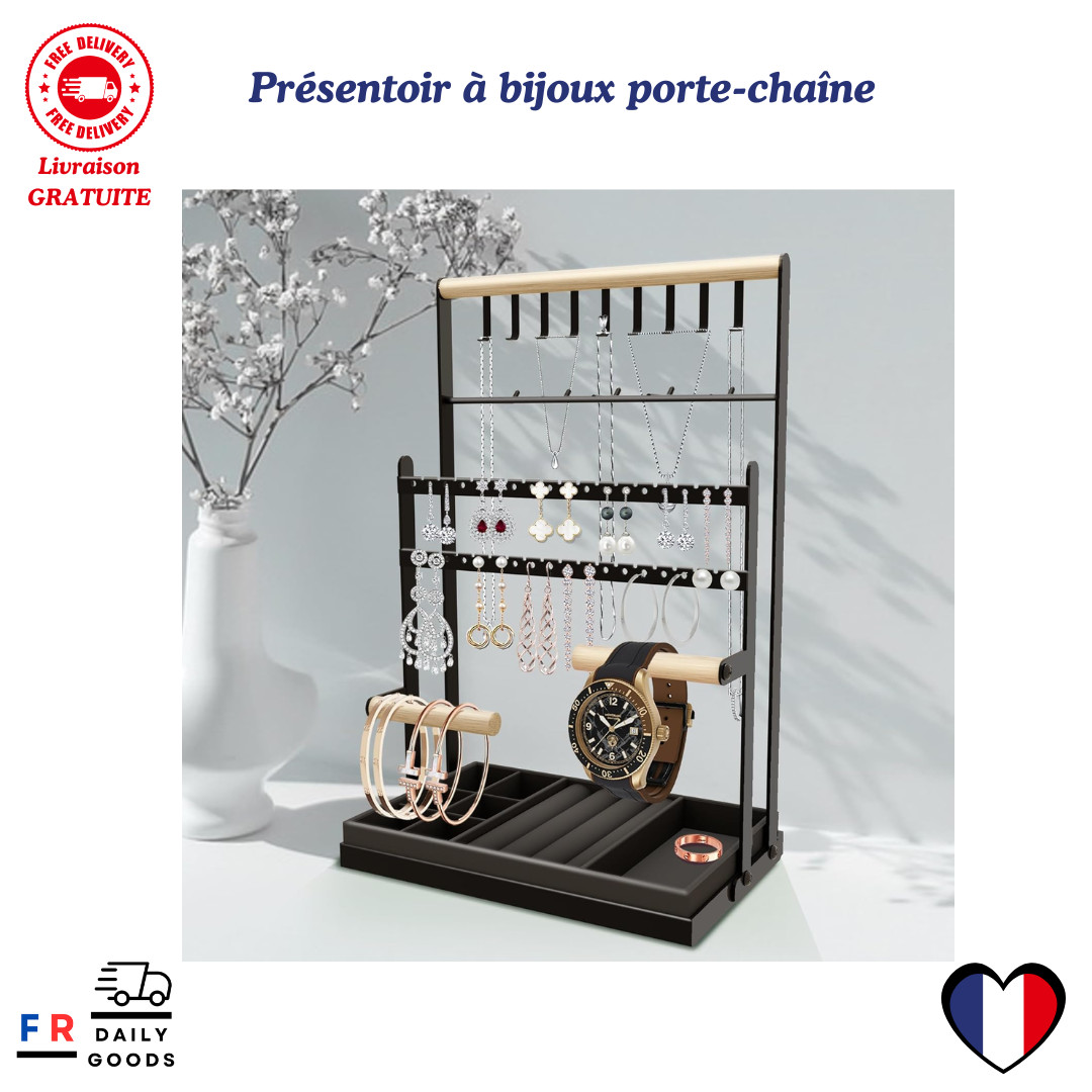 Présentoir à bijoux porte-chaîne en velours beige à 3 niveaux pour ranger vos colliers