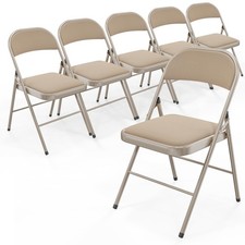 Fabric Padded Folding Chair Cushion Back Steel Frame Indoor Outdoor Khaki 6 Pack