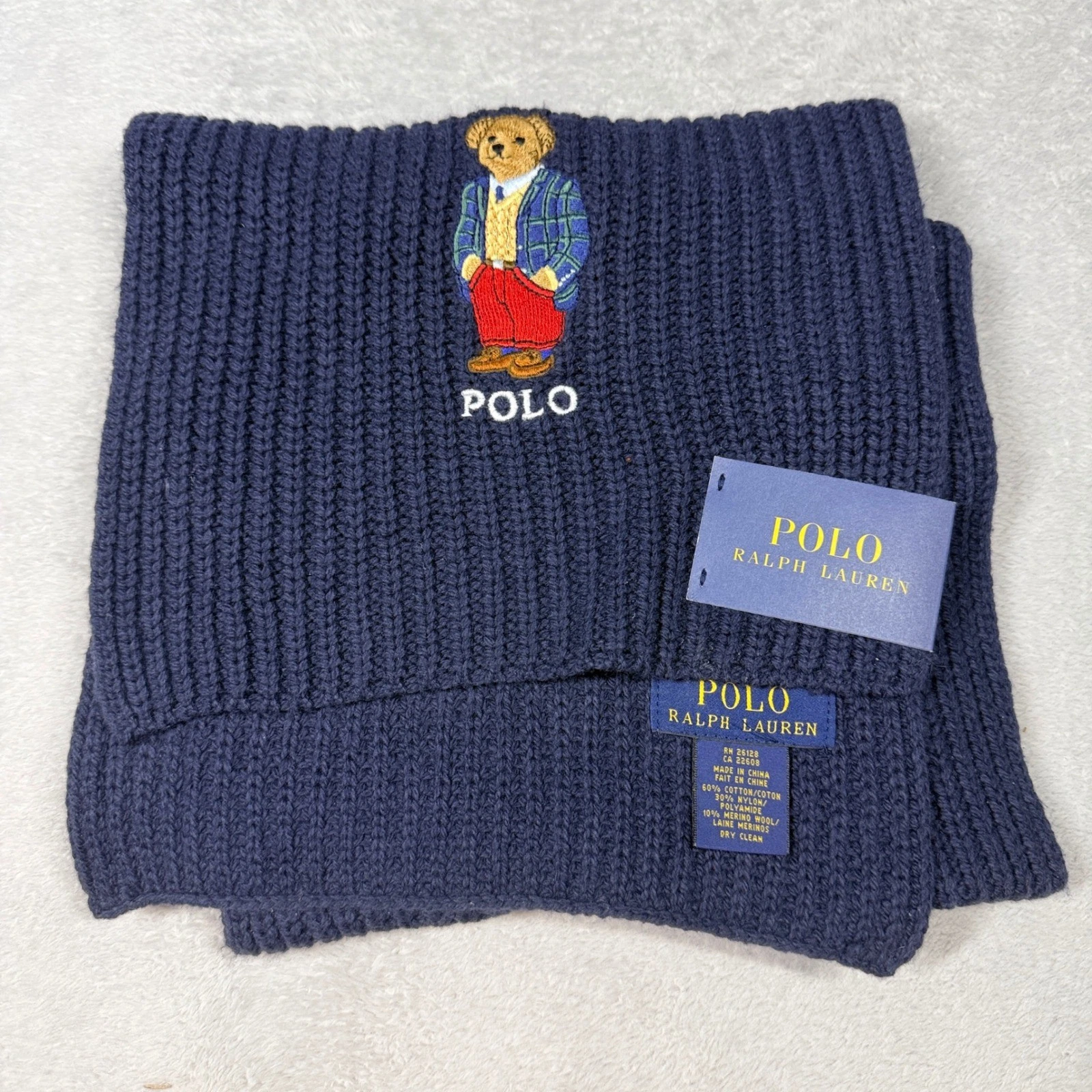 Polo Ralph Lauren Scarf Unisex OS Navy Blue Polo Bear Ribbed Knit 6F0333