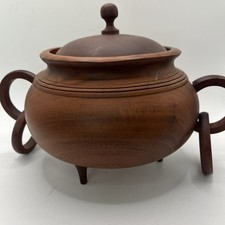 Vintage Hand Carved Wooden Bowl With Lid Handles  Feet Dark Rich Brown 11x7  