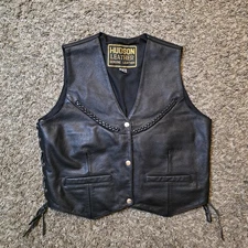HUDSON LEATHER BIKER Vest Black SZ Large Men's Braided