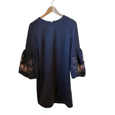 LOFT Navy Blue Embroidered Bell Sleeve Dress XS Cotton Blend