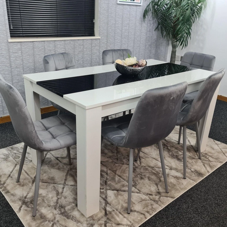 Black & White Wood Dining Table Set with 6 Velvet Chairs Dining Room Furniture - Image 4 of 4