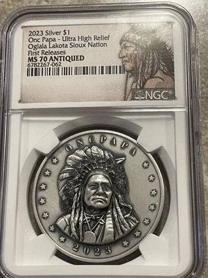 2023 Silver One Papa Ultra High Relief, Oglala Lakota Sioux Nation NGC MS70 - Image 1 of 2