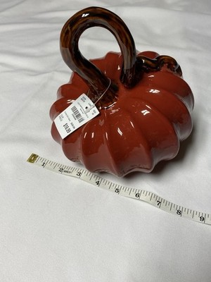 Ceramic Glossy Orange Pumpkin Tabletop Decor w/ Brown Stem, 8 inch Tall