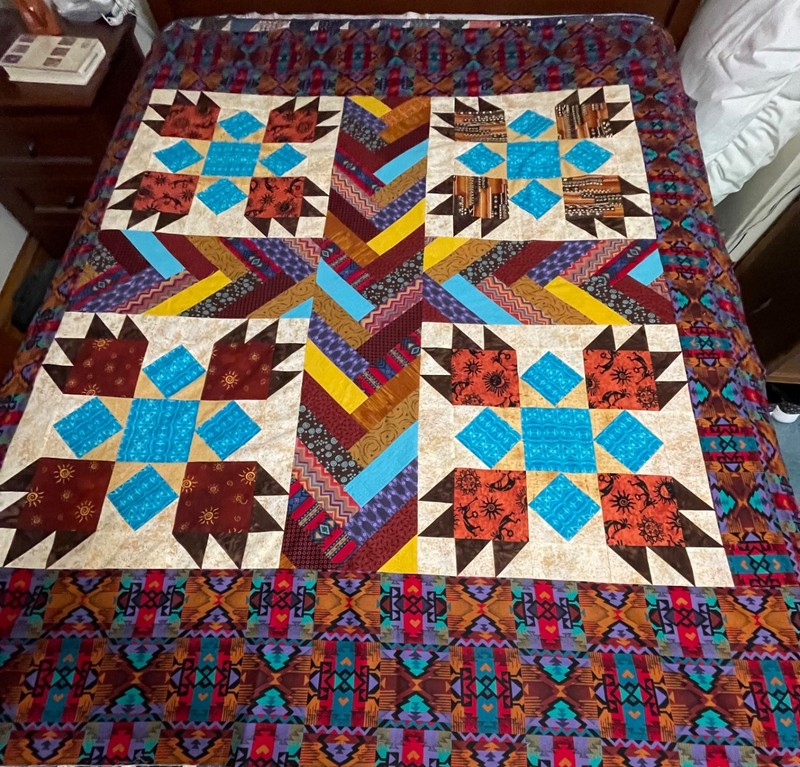 SW USA themed quilt top+fabric+67"x71"-Bear Paw-machine pieced-ready to finish