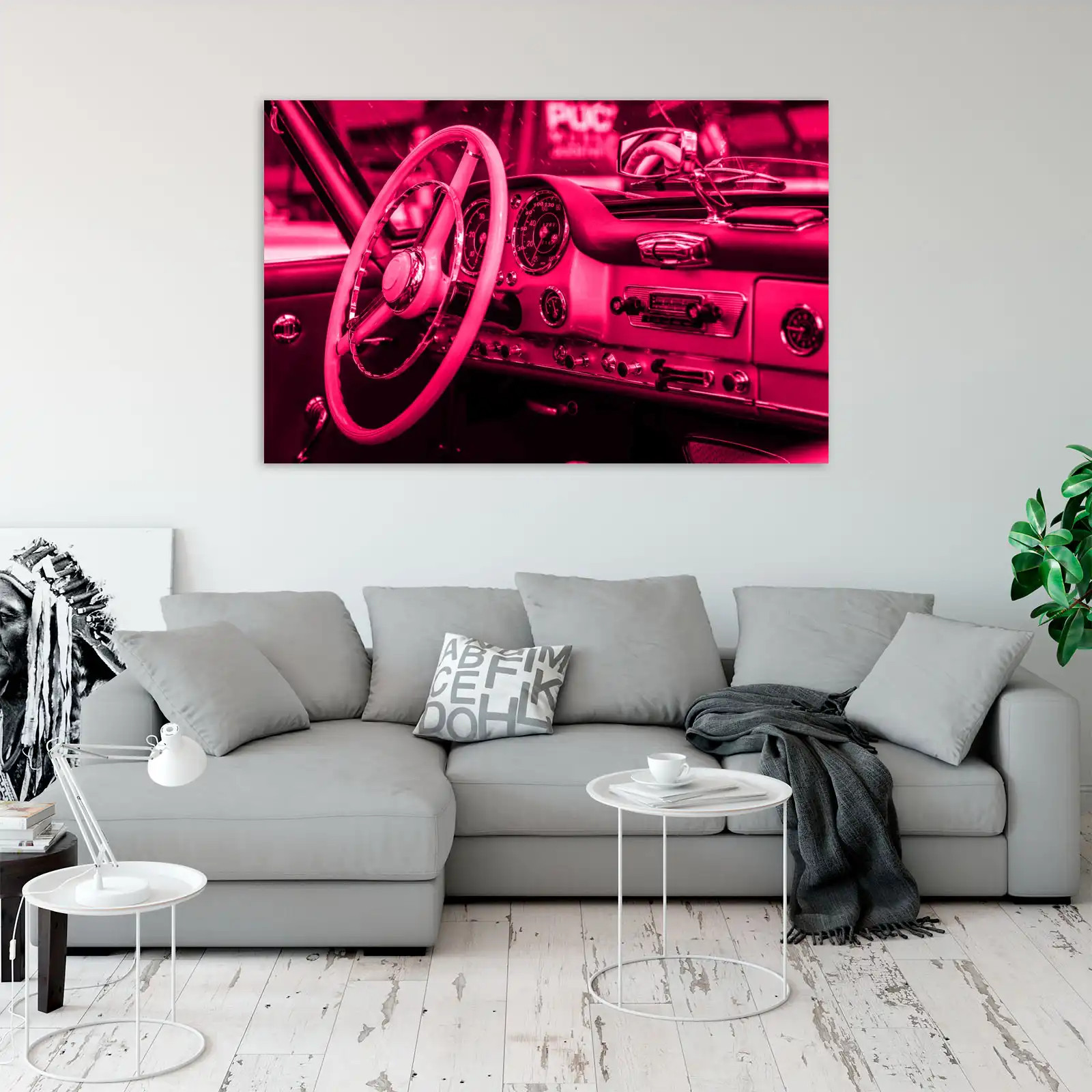 Volante Auto D'epoca Classico Guidatore Rosa Stampa Tela Grande Quadro - Miniatura 2