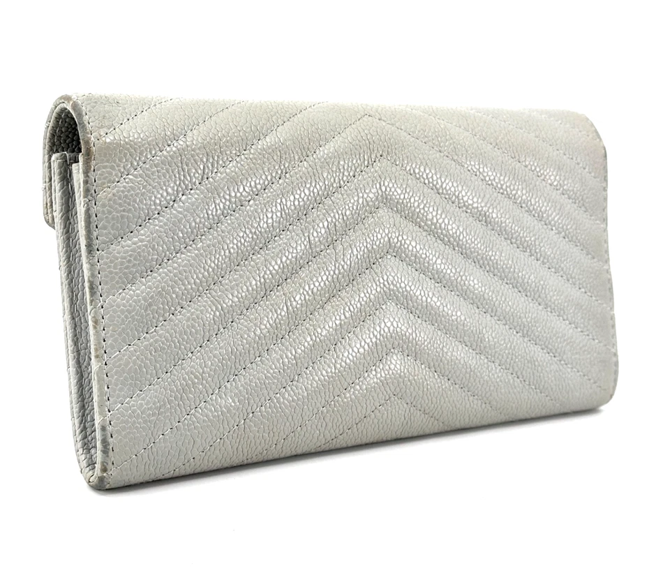 CHANEL Chevron Long Wallet V Stitch Caviar Skin Leather Gray Purse Authentic - Image 4 of 4