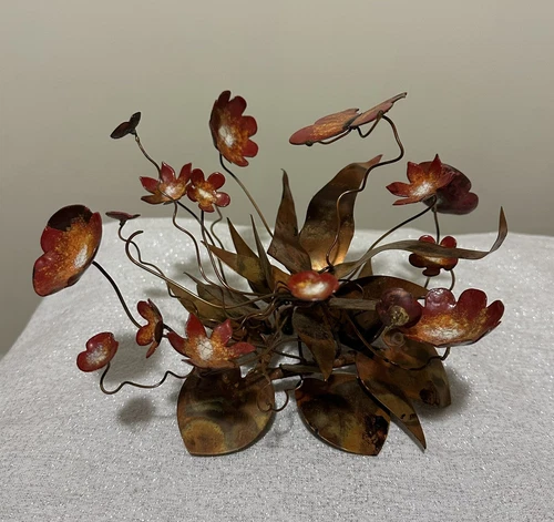 Vintage Enamel & Copper Floral Butterfly Tabletop Sculpture 7”x10” Brutalist MCM