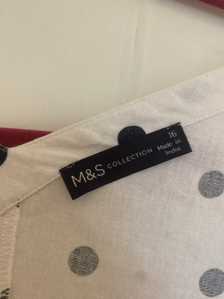 M&S White Spotty Navy Linen Blend Dress Size 16 Short Sleeves Pockets