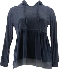 DG2 Diane Gilman DG Downtime Combo Knit Notch Collar Hoodie Navy L NEW (540)