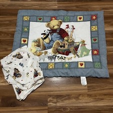Vintage Blue Jean Teddy Baby Comforter  Crib Sheet Noah  s Ark Springmaid USA