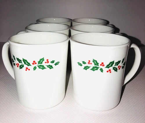 Set of 6 Vintage Corning Corelle Winter Holly Days Christmas Coffee Cups Mugs