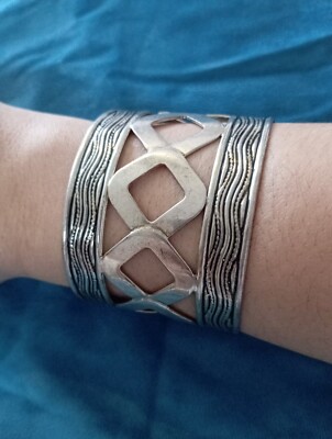 Retro Statement Silberfarben Metall Geometrisch Breit Manschette Armreif Boho Festival Artsy