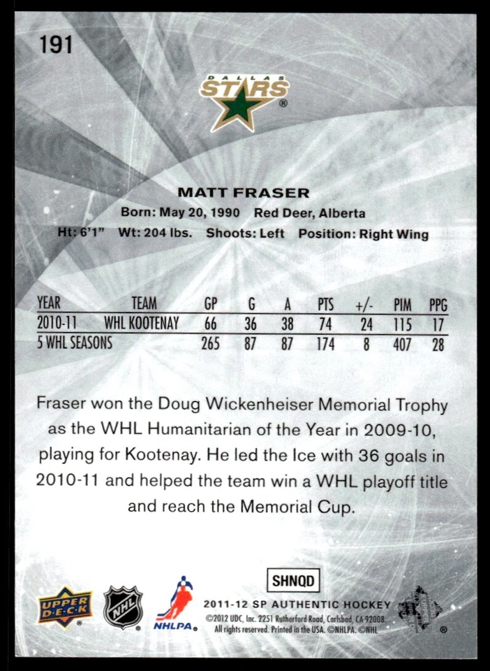 2011-12 SP AUTHENTIC FUTURE WATCH Matt Fraser Rookie 960/999 Dallas Stars #191 - Image 2 of 2