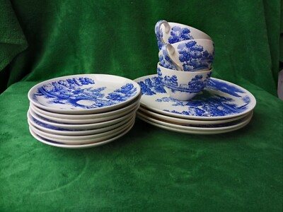 Set Nasco Lakeview Japan Hand Painted Blue and White Plates and