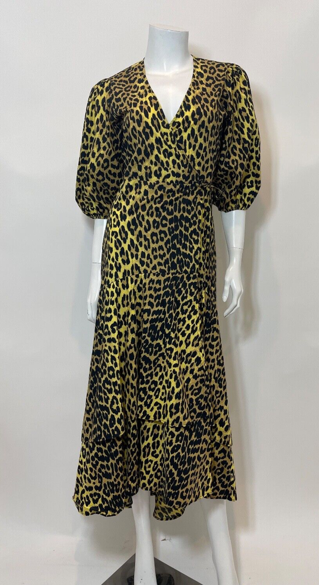 Ganni Leopard Print Cotton Wrap Dress in Leopard Size EU 36/US