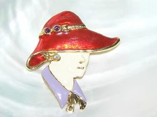 Estate Red Enamel Hat Society Elegant Lady Heat with Purple Color Pin Pendant