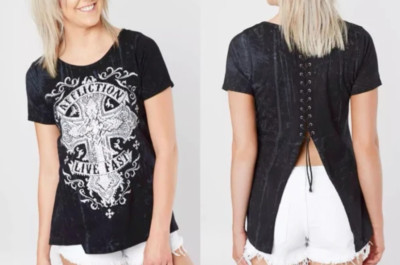 Affliction Women's  SAINT EDITH  short sleeve lace-up back T-shirt NWT