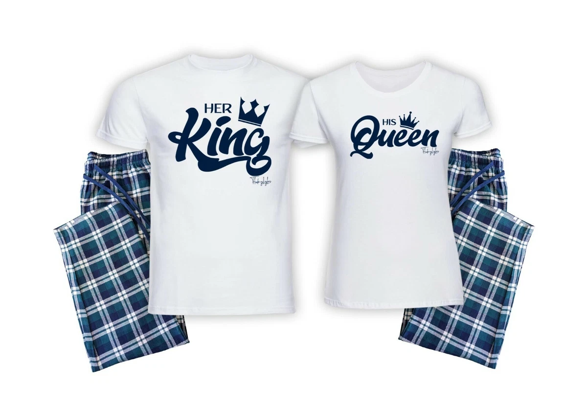 Personalised King Queen Green Navy Couples His Hers Tartan Cotton