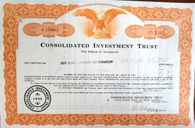 1966 Consolidated Investment Trust Stock Certificate Vintage Orange Eagle Design