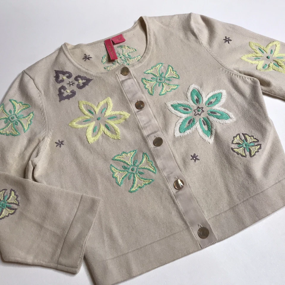 Anthropologie Charlotte Tarantola M 象牙色裁剪开衫刺绣毛衣