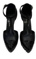 Chanel Interlocking CC Logo Leather T-Strap Pumps Size 37