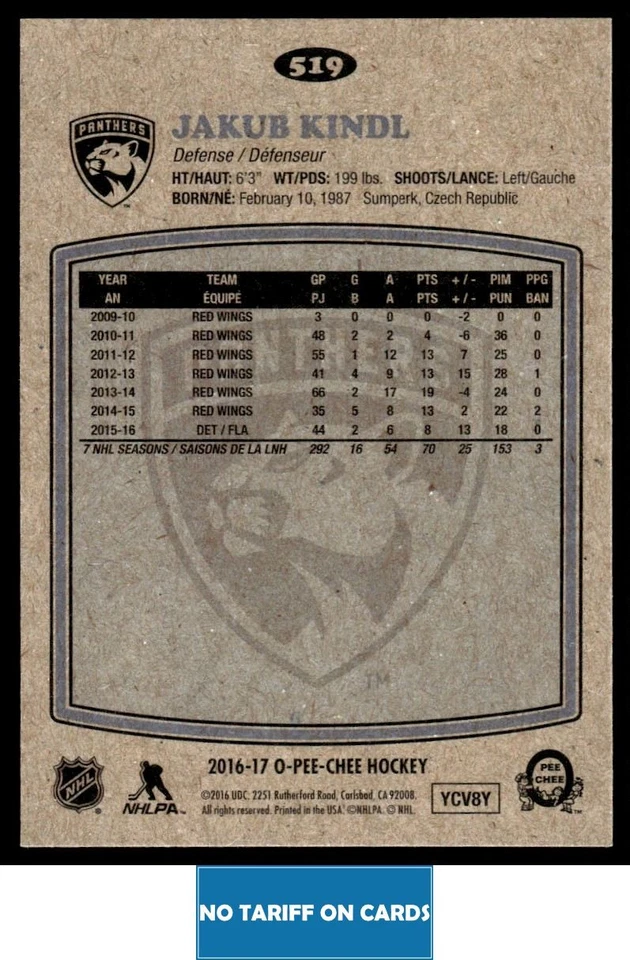 2016-17 O-Pee-Chee Retro Jakub Kindl Florida Panthers #519 - Image 2 of 2