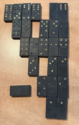 Vtg Wooden Dominoes Black Wood Tiles w White Dots  B  Bee 25 pcs Not Complete