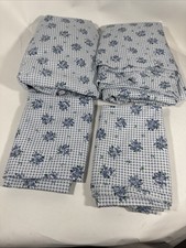 Vtg USA Blue Gingham Floral King Sheet Set Co...
