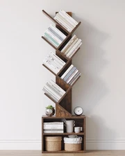 Six-tier tree-shaped bookcase with storage cabinet, floor-standing,vintage brown
