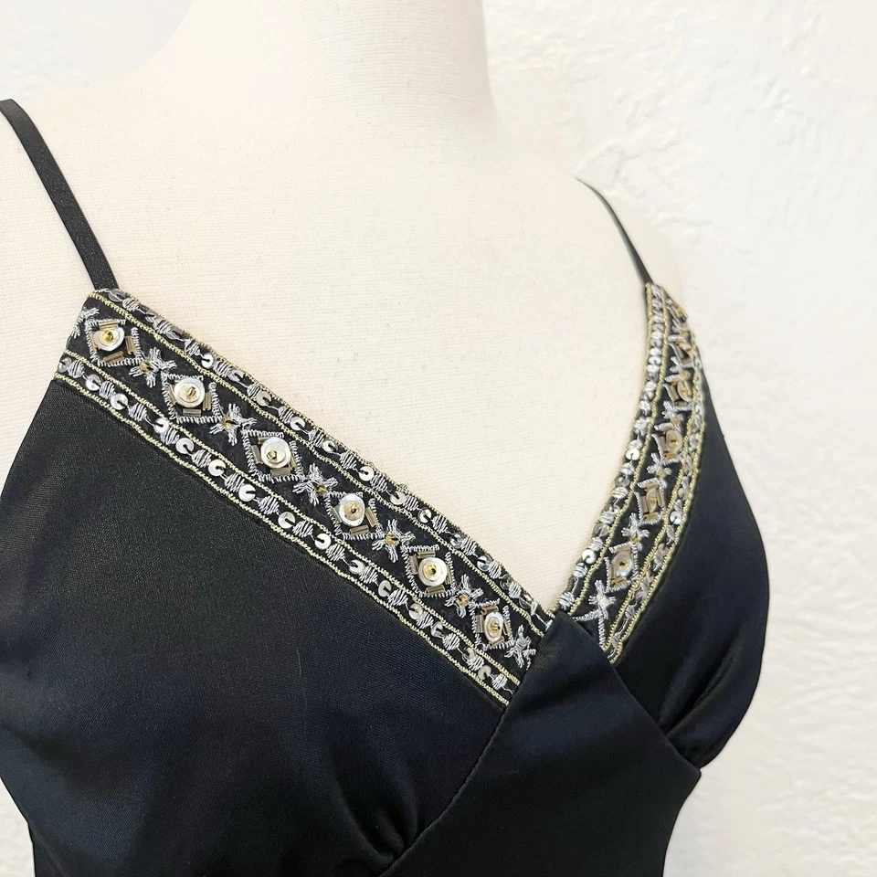 Vintage 90s Y2K Cami Tip Tank Black Beaded Embroidered Whimsigoth Goth Medium M - Image 4 of 4