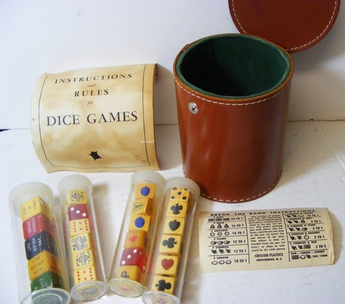 Vintage 24p DICE Game 4 clear Tubes Crisloid Plastics Bakelite & Lucite Leather