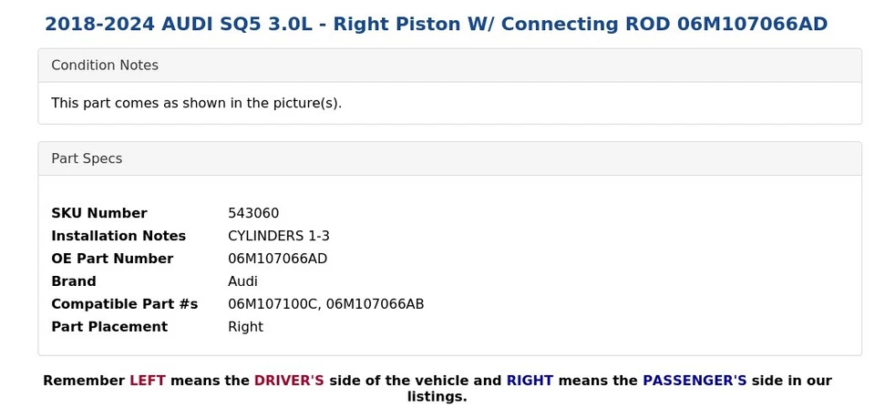 AUDI SQ5 2018-2024 3,0 L - pistón derecho con varilla de conexión 06M107066AD Foto 3 de 4