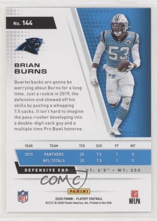 2020 Panini Playoff Goal Line Brian Burns #144 - Image 2 of 2