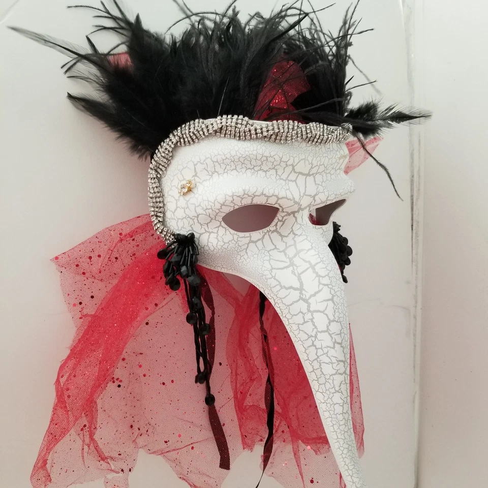 ADULT Venetian White Crackle Black Feathers Red Tulle Rhinestone  Beak Mask - Image 4 of 4